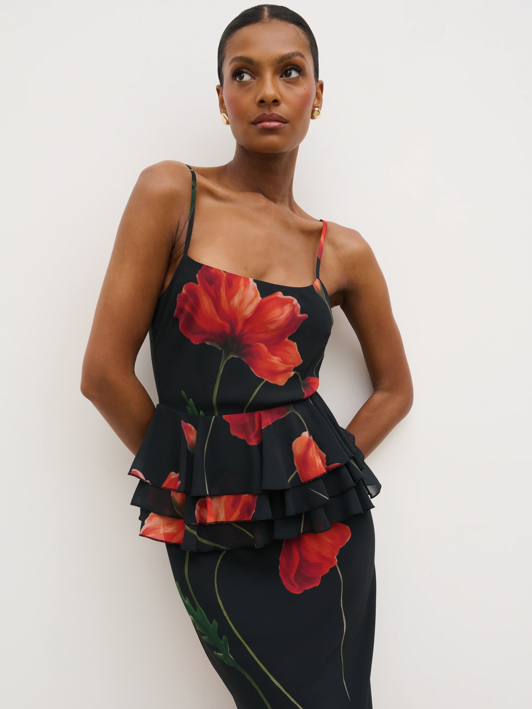 Rosie Peplum Ruffle Maxi Dress - Largescale Poppy Petal Red - Image 2