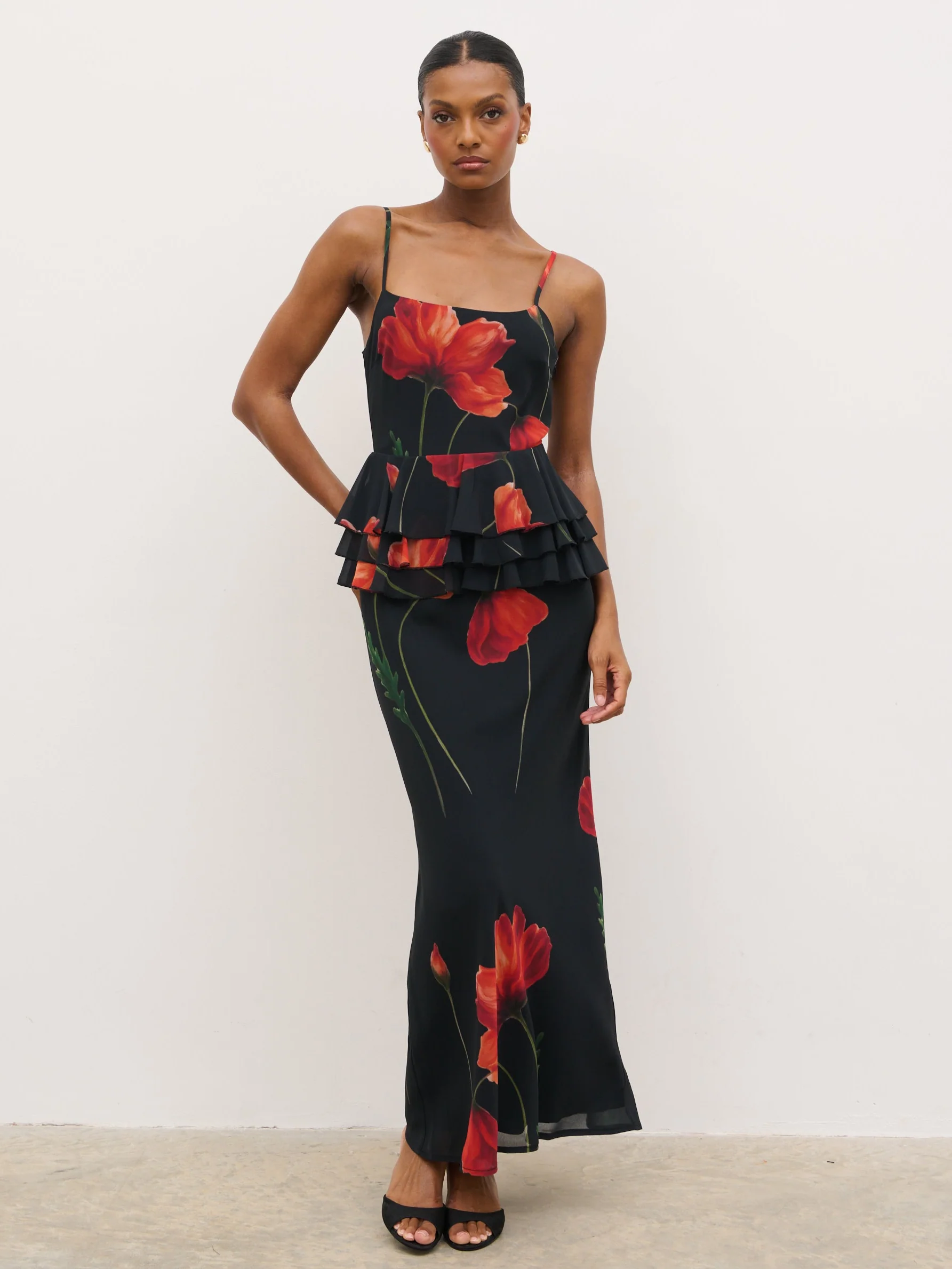 Rosie Peplum Ruffle Maxi Dress - Largescale Poppy Petal Red - Image 4