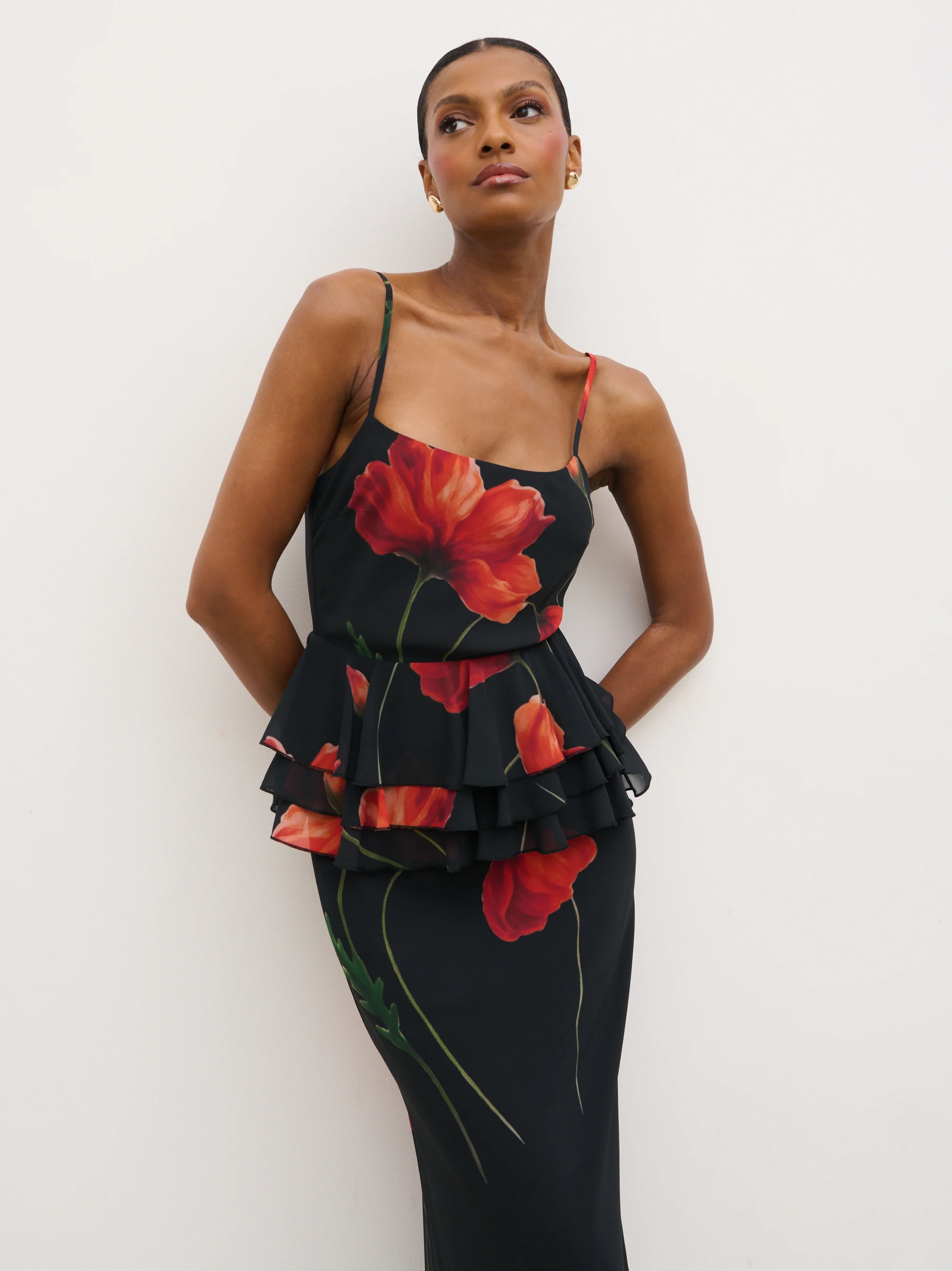 Rosie Peplum Ruffle Maxi Dress - Largescale Poppy Petal Red - Image 5