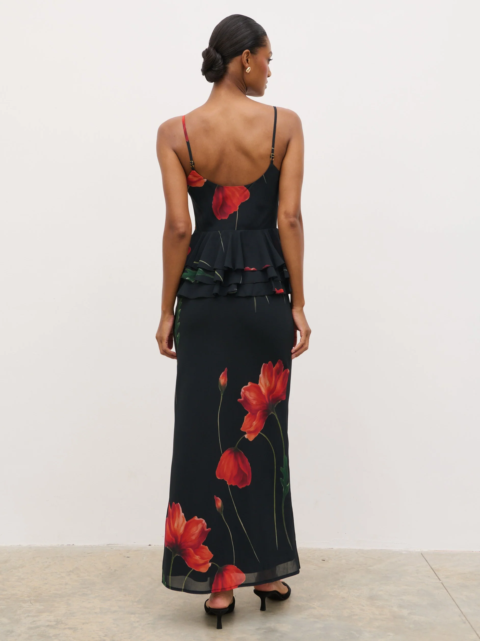 Rosie Peplum Ruffle Maxi Dress - Largescale Poppy Petal Red - Image 6