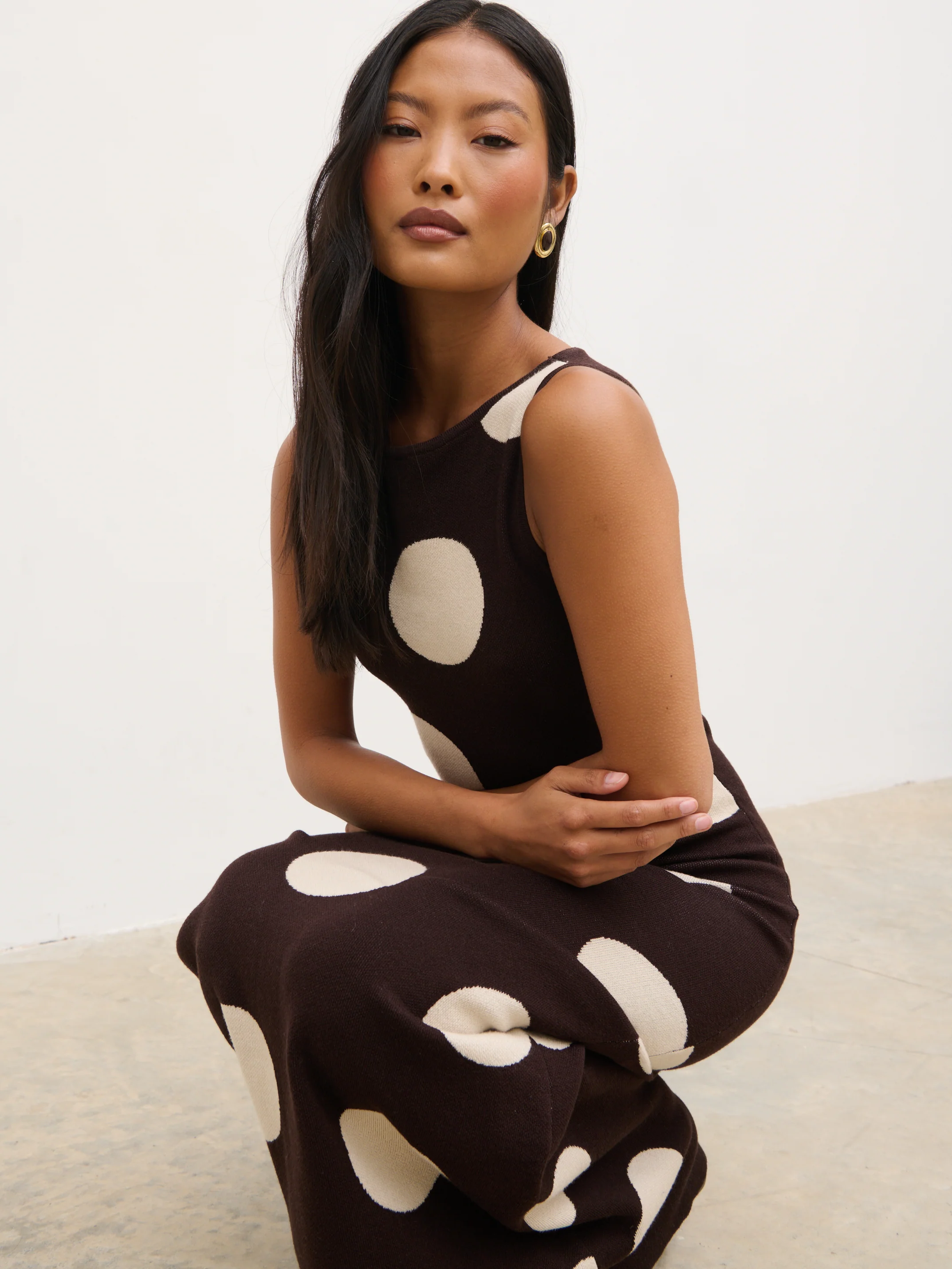 Sarover Polka Dot Maxi Knit Dress - Chocolate and Cream - Image 2
