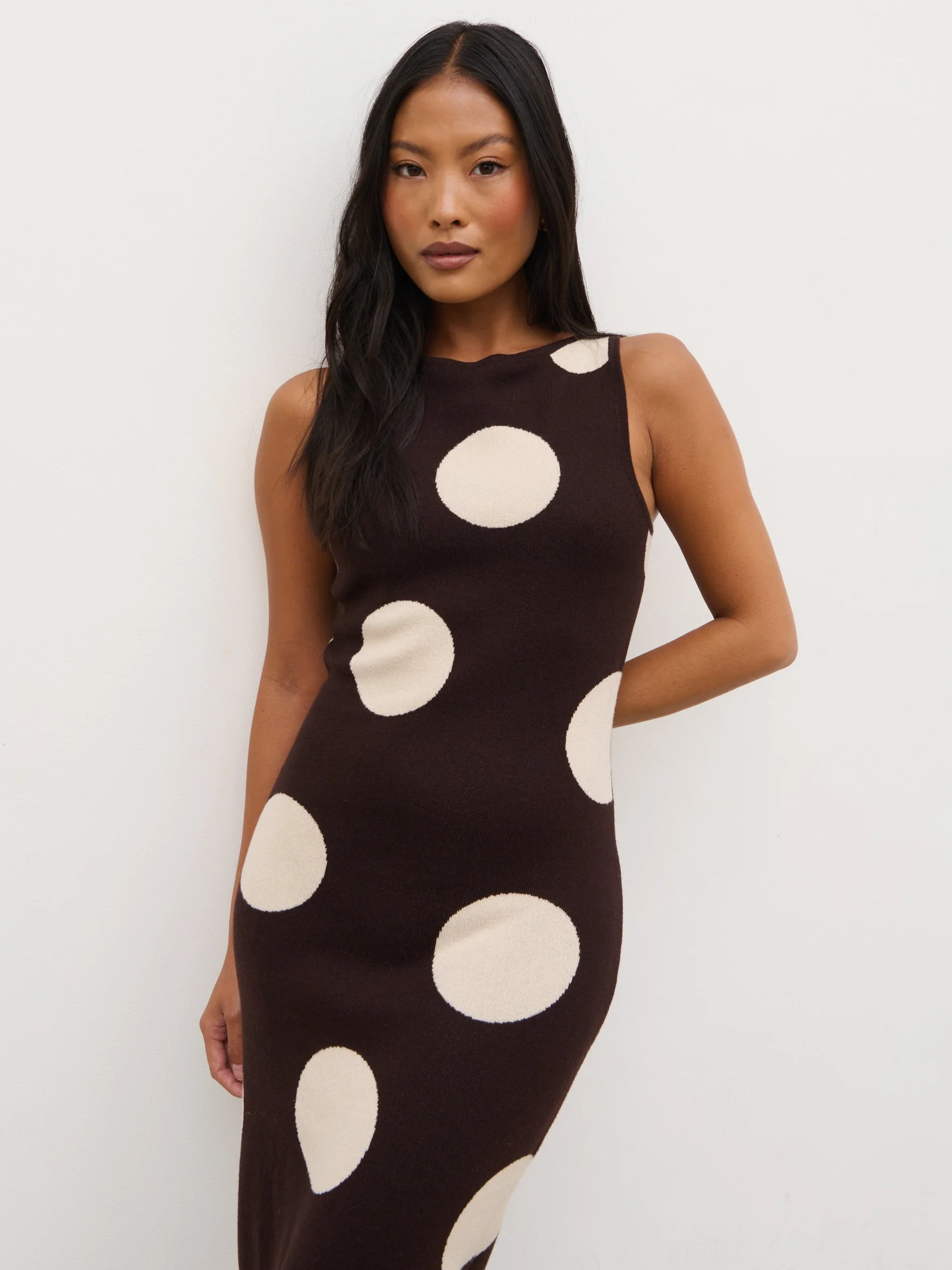 Sarover Polka Dot Maxi Knit Dress - Chocolate and Cream - Image 3