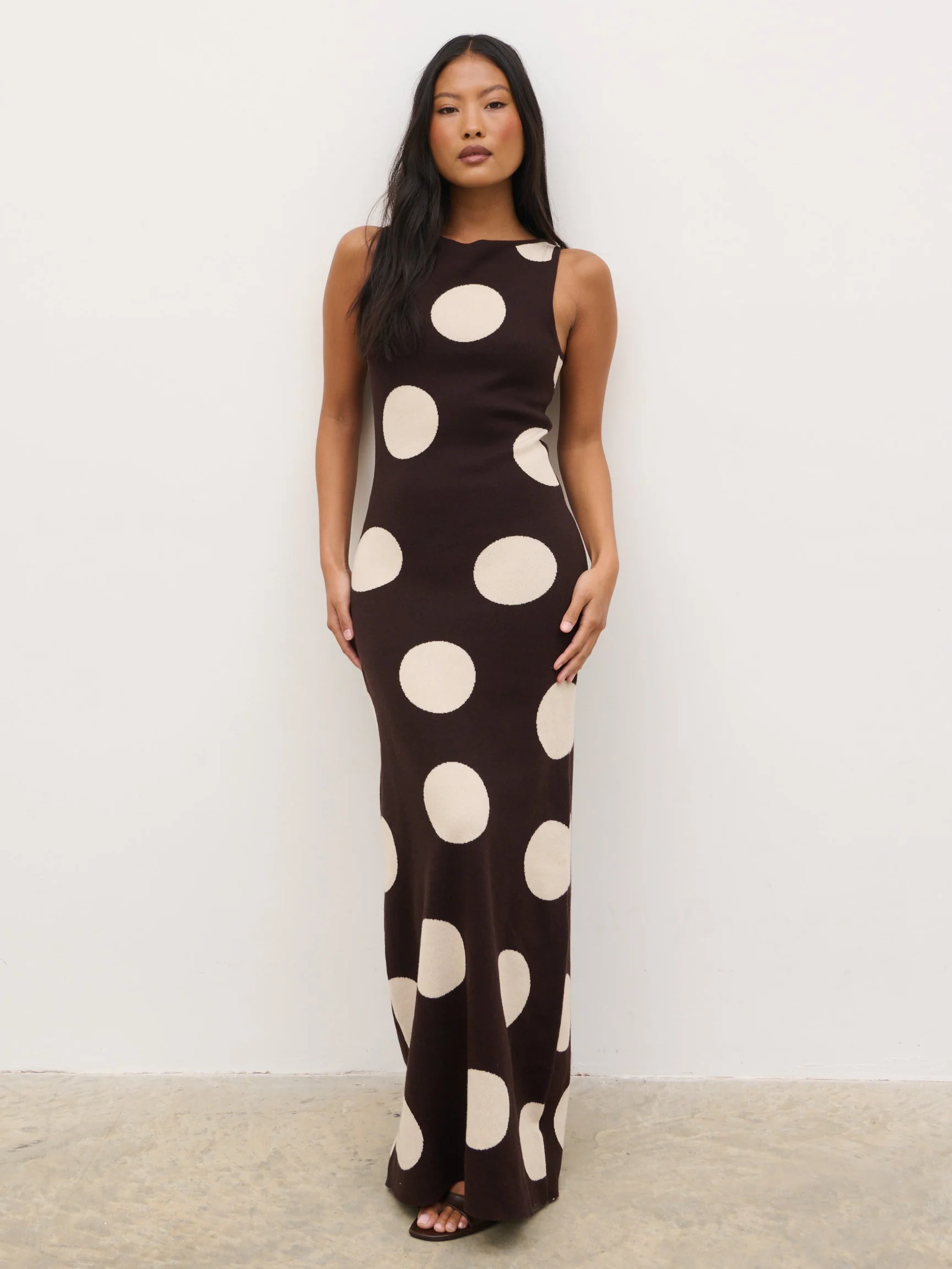 Sarover Polka Dot Maxi Knit Dress - Chocolate and Cream - Image 4