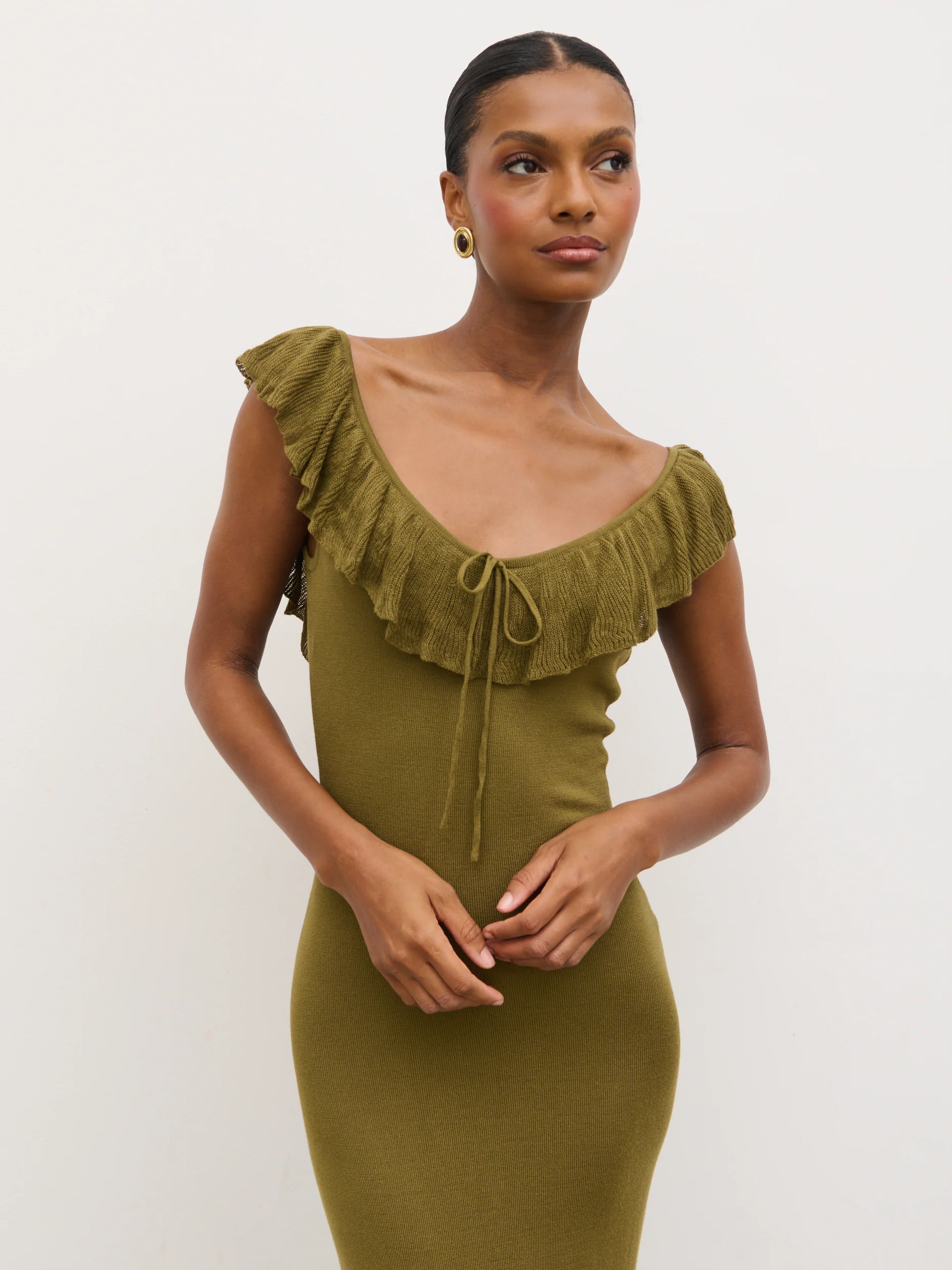 Sascha Frill Detail Knit Midaxi Dress - Tarragon Green - Image 3