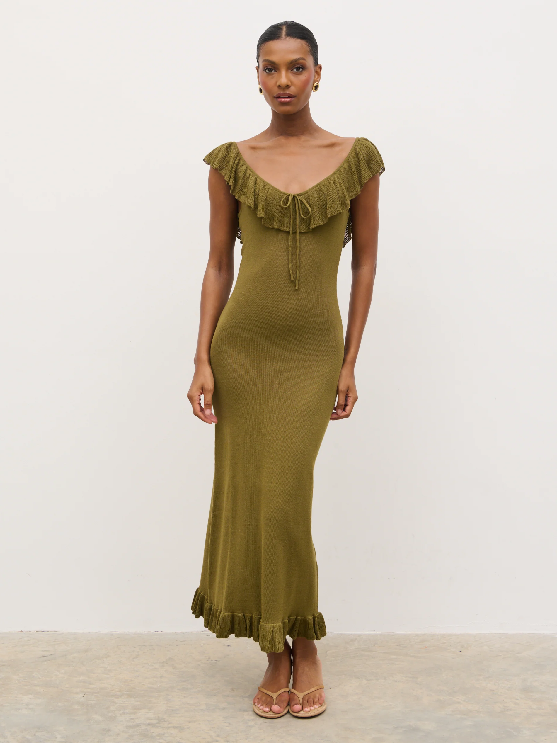 Sascha Frill Detail Knit Midaxi Dress - Tarragon Green - Image 6