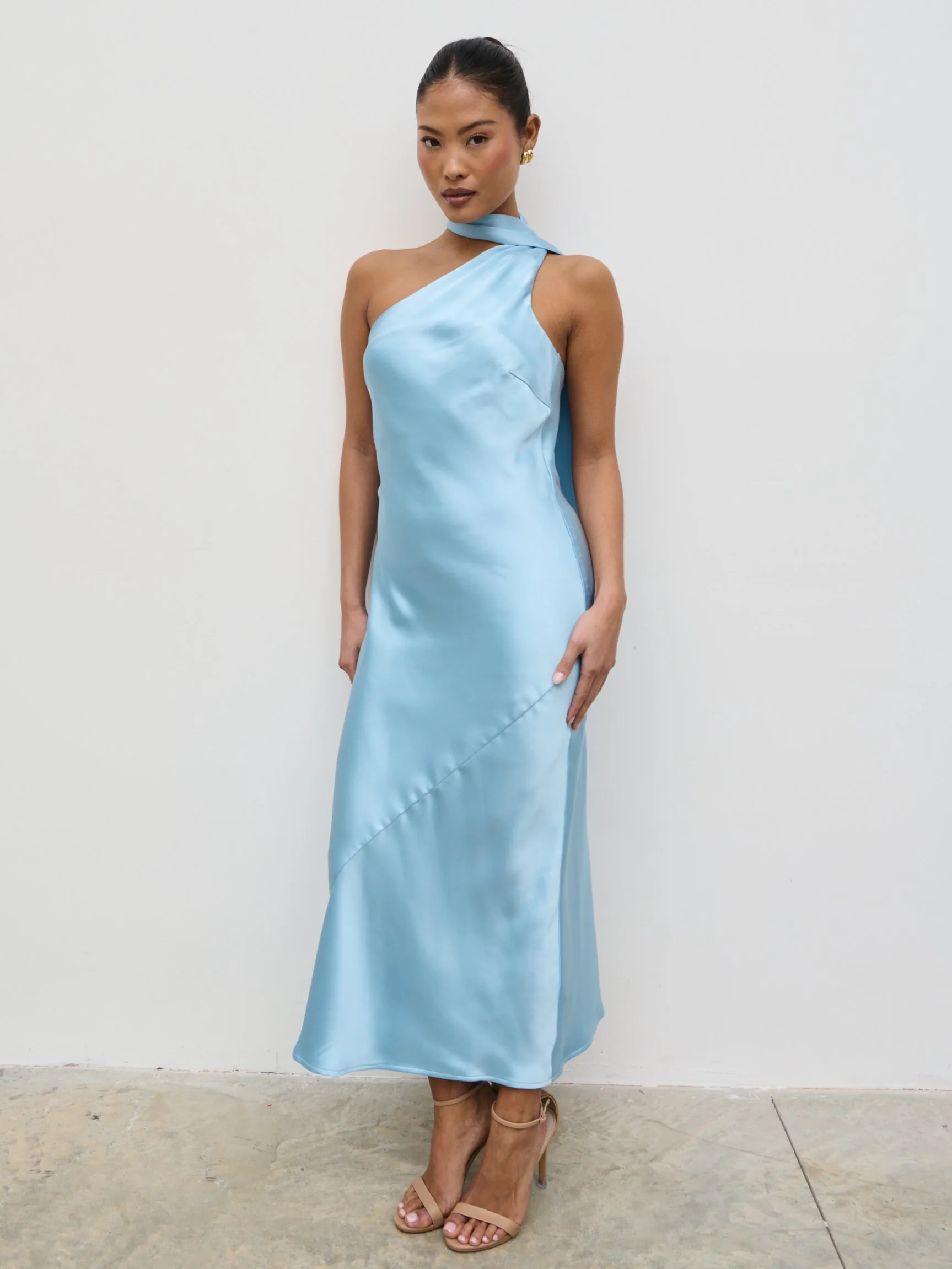 Sheree One Shoulder Scarf Midaxi Dress - Sky Blue - Image 3