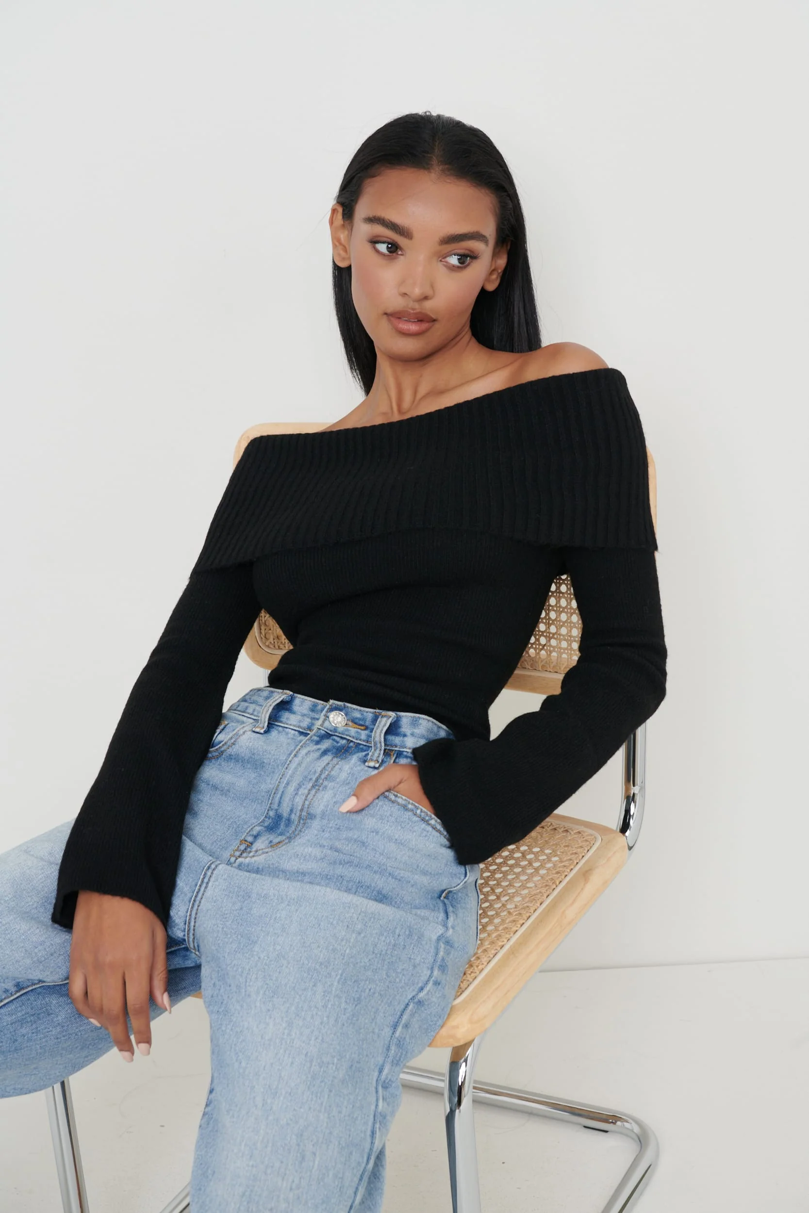 Soreya Bardot Soft Knit Top - Black